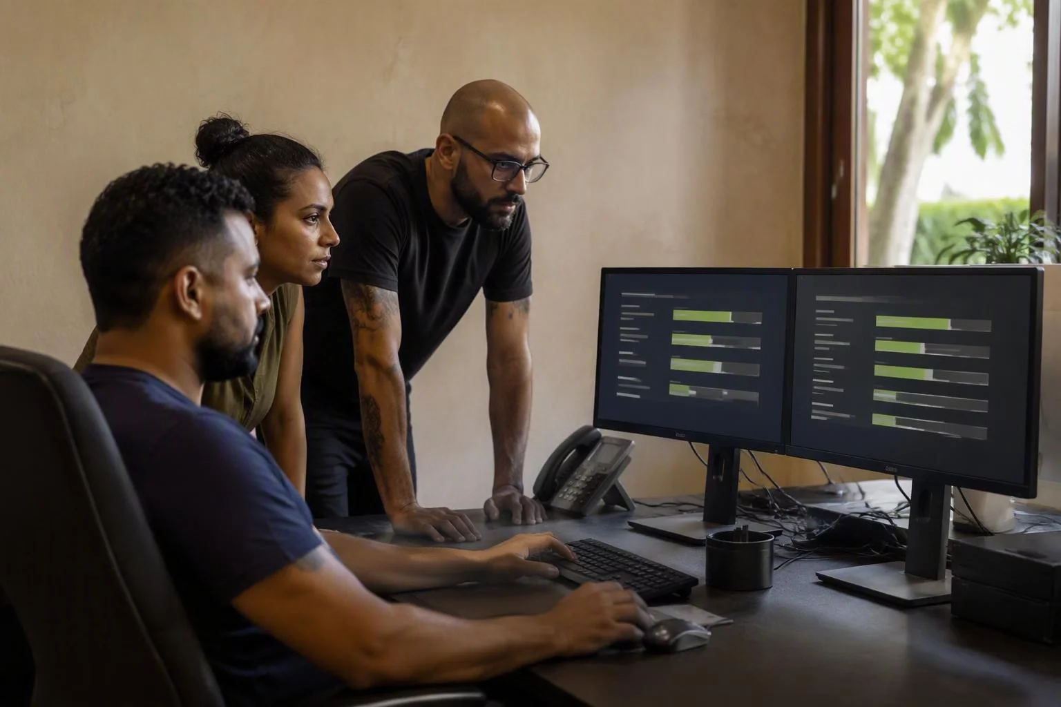 Equipe acompanhando a subida de uma versão em dois monitores