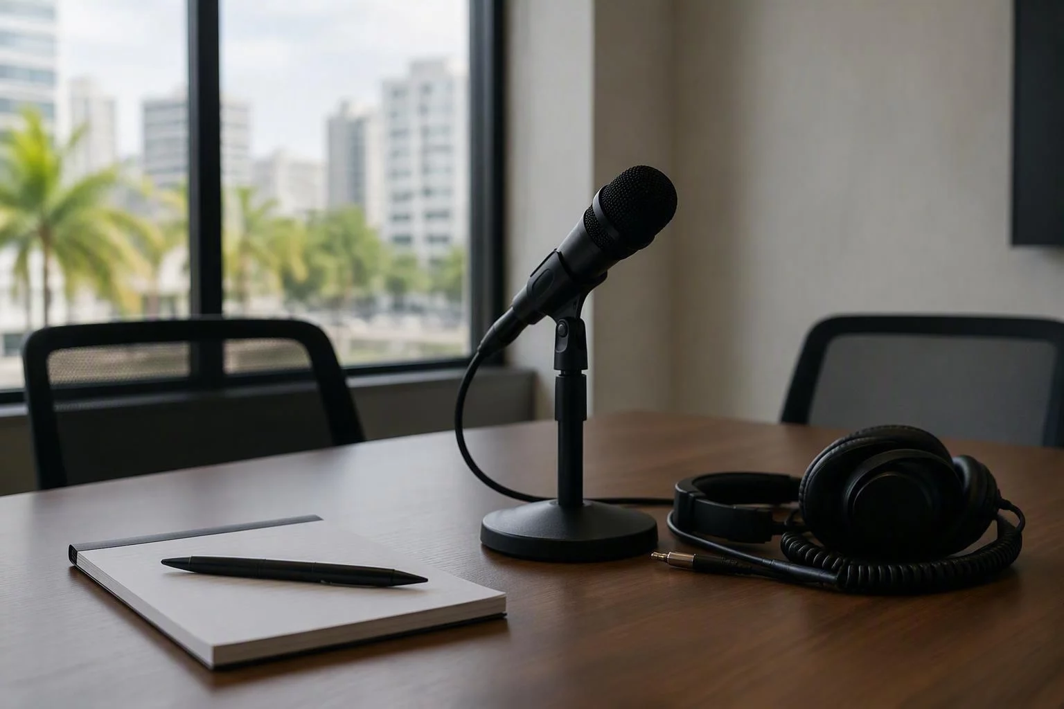 Microfone de mesa usado na conversa semanal sobre a versão